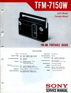 Sony TFM-7150W FM/AM Estado Sólido Radio Portátil Manual de Servicio - Imagen 1 de 3