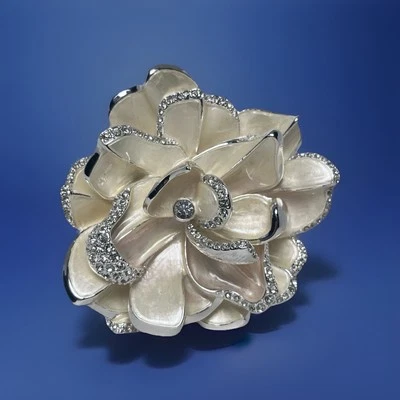 Joan Rivers Brooch 3" Gardenia Silver Tone Ivory Enamel Swarovski Crystal Ltd Ed - Image 1 of 4