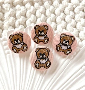 2pcs 20mm Pink teddy bear embroidered fabric covered yarn thread shank buttons - Picture 1 of 4