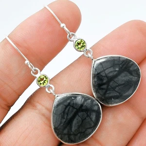 Natural Picasso Jasper & Peridot 925 Sterling Silver Earrings Jewelry E-1002 - Picture 1 of 5