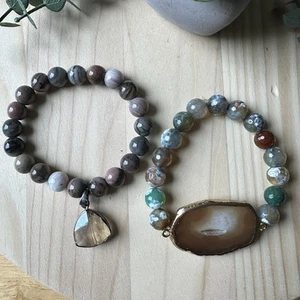 Two Stretchy Bracelets Smoky Quartz Agate Stones Gemstones Petrified Wood Beads - Picture 1 of 9