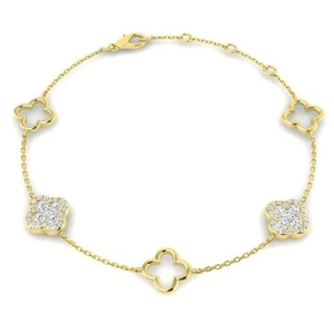 Ladies 9ct Yellow Gold Diamond Clover Bracelet - 7.5" - 2.6g - Picture 1 of 2