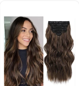 Synthetic Hair Extension 20 Inch light Brown with honey Highlight 6PCS Christmas - Picture 1 of 4