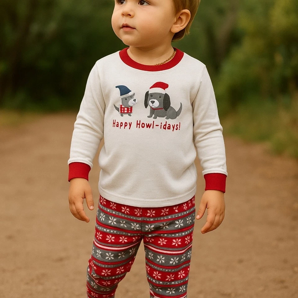 Gymboree Unisex Pajamas Sz 4 Gymmies Howl-idays 2 Pc Red Gray White Dogs - Image 1 of 4