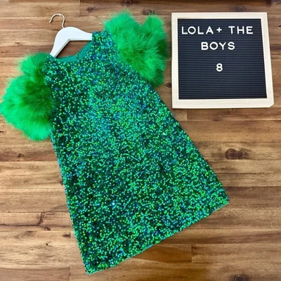 Vestido de Fiesta Lola + The Boys Brillante Verde Lentejuelas Jade Pluma 8 Formal Glamour Foto 1 de 4