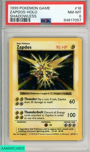 1999 POKEMON GAME ZAPDOS-HOLO #16 SHADOWLESS PSA 8 NM-MT - Picture 1 of 3