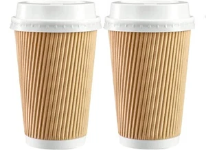 50 x Kraft Ripple Cups 12oz / 340ml Insulated Hot Drinks Tea Coffee Cups & Lids - Picture 1 of 4