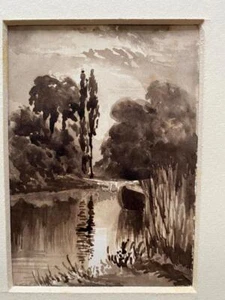 19th Century MINIATURE WATER COLOUR BOAT & TREES ON THE RIVER SHADES of BROWN - Picture 1 of 3