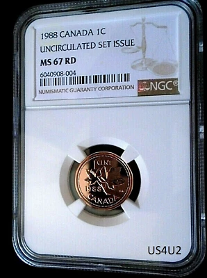 1988 CANADA CENT NGC MS67 RD COPPER UNCIRCULATED SET ISSUE COIN POPULATION 3 - Image 1 of 4