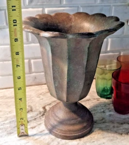 Vintage URN Tulip Vase Scalloped Retro Metal Patina - Picture 1 of 6