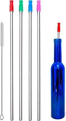 4 Piezas 14" Extra Largo 0.32" Grande Ancho Reutilizable Acero Inoxidable Metal Pajitas con Foto 1 de 4