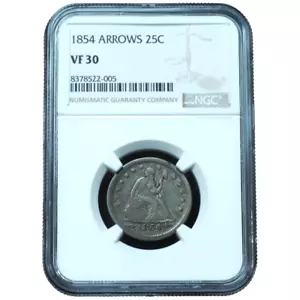 1854 Seated Liberty Quarter Arrows VF30 NGC - Excellent Original Example - Picture 1 of 3