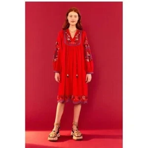 Farm Rio Red Embroidered Midi Dress Beaded Long Sleeve Cotton Resort XS 251786 - Picture 1 of 8