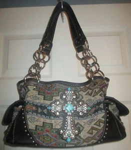 NWT Montana West fabric leather purse southwest style handbag embellished cross - Picture 1 of 11