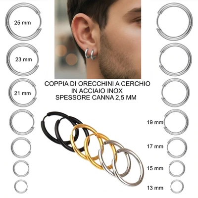 Orecchini a cerchio da uomo in acciaio inox cerchietti piccoli e grandi per lobo - Immagine 1 di 4