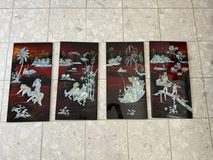 Vtg Mother of Pearl Inlay Decorative Wall Art Asian Red Lacquer Wood 4 Panels - Picture 1 of 7