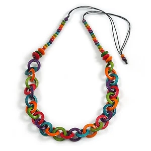 Multicoloured Wooden Ring and Bead Cotton Cord Long Necklace - 90cm L/ - Picture 1 of 6