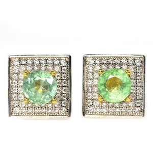 ORECCHINO A PERNO ARGENTO 925 PIETRA PREZIOSA APATITE VERDE NATURALE E ZIRCONI BIANCHI - Foto 1 di 10