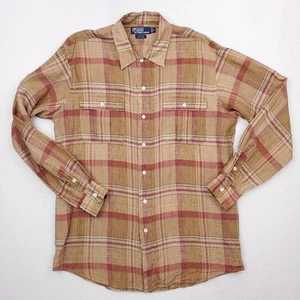 Vintage Polo Ralph Lauren Lander Hemd Herren mittelbraun kariert Leinen Knopfleiste - Bild 1 von 12