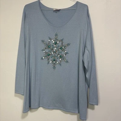 Quacker Factory Blue Women's Top 3X Plus Snowflake Beaded Cotton Blend Winter - Image 1 of 4
