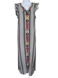 THML Embroidered Small Maxi Dress Gray & White Stripe Boho - Picture 1 of 12