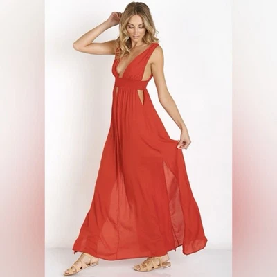 INDAH Anjeli Vestido Maxi Recortado Boho Indie Verano Rojo Naranja Mujer’s Mediano Foto 1 de 4