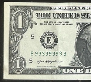 (BINARY/NEAR SUPER REPEATER!) $1 Rare Binary Fancy Serial Number E93339393B 2021 - Picture 1 of 3