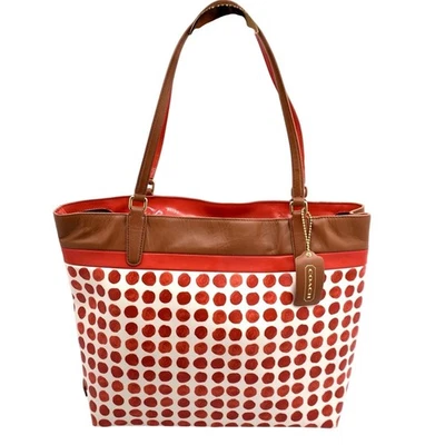 COACH Polka Dot Tote Bag Brown Orange Leather Trim Handbag Purse Vintage 90-42 - Image 1 of 4