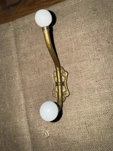 Brass Double Coat Hook Towel Rod Hanger White Porcelain Ceramic Ball Tip Vintage - Picture 1 of 5