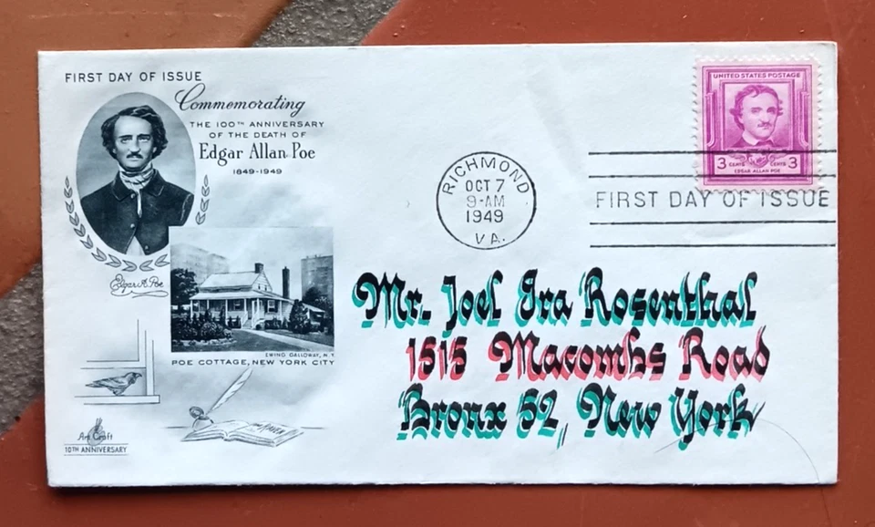EDGAR ALLEN POE AUTHOR CENTENARY OF DEATH 1949 ARTCRAFT CACHET FDC ORNATE ADRESS - Image 1 of 1
