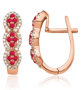 14K Solid Rose Gold Diamond Ruby Medium Hoop Earrings - Picture 1 of 11