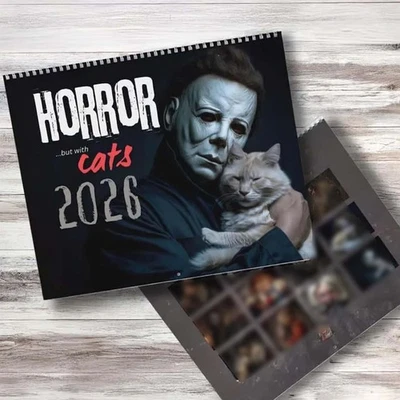 2026 Halloween Horror Movie & Cats Wall Calendar –Spooky Feline Art, 11x8.5 Inch - Image 1 of 4