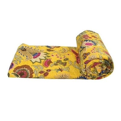 Indian Vintage Cotton Yellow Mukat Print Kantha Quilt Throw King Size Bohemain - Image 1 of 4