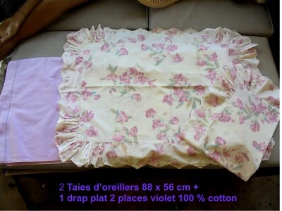 2 ANCIENNE TAIE D'OREILLER  A VOLANT BRODE & FESTON FLEURI  + DRAP PARME ASSORTI - Photo 1/4