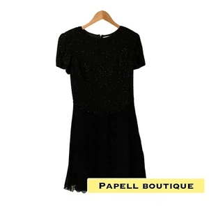 Papell Boutique Dress Women's 8 Black Cocktail Silk Beaded Bodice Fit Flare - Picture 1 of 11