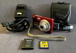 Nikon COOLPIX S200 7.1MP Red Camera 8GB SD Card Leather Case Wall Charger TESTED - Picture 1 of 19
