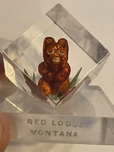 VTG Reversed Hand Carved Lucite Bear Red Lodge Montana Souvenir Paperweight 2” - Picture 1 of 5