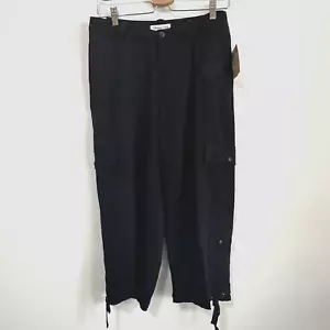 Coldwater Creek Tencel Crop Cargo Pants 6 Black Embroidered Tie Hem Summer NEW - Picture 1 of 11