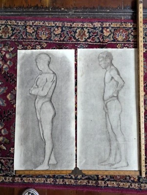 2 Page Kirk Semi Nude  Charcoals  From New Orleans Estate  1900s 25 X 12  Males - Image 1 of 4