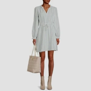 Time and Tru Women's Long Sleeve Peasant Dress, Blue/White, Medium 8-10 - Picture 1 of 5