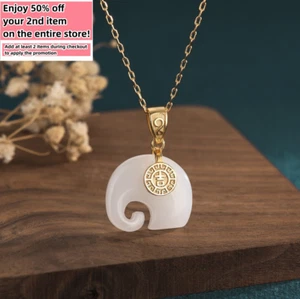 Jade Elephant Pendant Necklace Charm 18K Gold Plated Chain Retro Dainty Gemstone - Picture 1 of 6