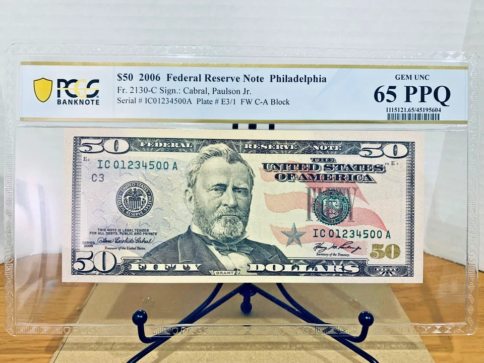2006 $50 FRN PCGS 65PPQ Fancy PARTIAL LADDER Serial #IC01234500A - Image 1 of 2