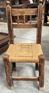 Antique Primitive Solid Wood 19th Century Childs Chair W/ Original Rope Seating - Picture 1 of 6