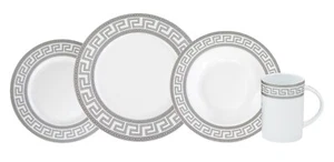 Porcelain Dinnerware Set for 1 -  4 Pc. White and Silver Greek Key Design Plates - Picture 1 of 7