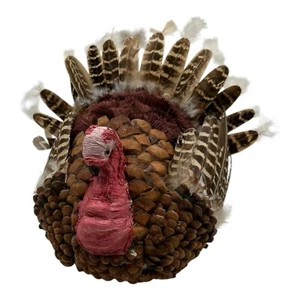 Fall Autumn Harvest Thanksgiving Pinecone Feather Natural Turkey 13” x 12” Tall - Picture 1 of 14