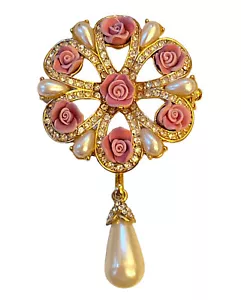 Vintage Avon Brooch Pin Pink Roses Faux Pearls Removable Charm Presidents Award - Picture 1 of 5