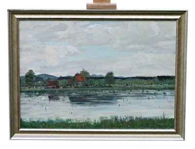 Paul Westerfrölke (1886- 1975) Ölgemalde – Landschaft mit See und Kühen signiert - Bild 1 von 4