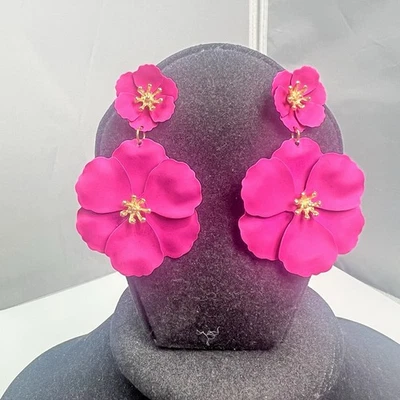Large Fuchsia Pink Flower Gold Tone Stud Dangle Drop Earrings - Image 1 of 4