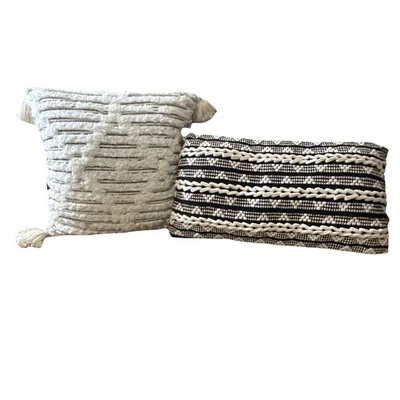 Set Of Decorative Pillows Black White And Cream Woven Boho Accent Textured - Image 1 of 4