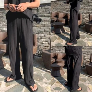 Casual Wide Leg IceSilk Trousers for Men with Stripes and Pleated Design - Picture 1 of 17